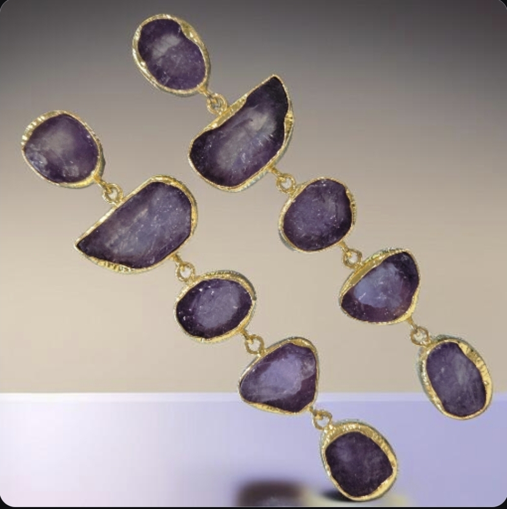 22k Gold Plated Genuine Raw Amethyst Crystal Long Dangle Earrings - Picture 2 of 6